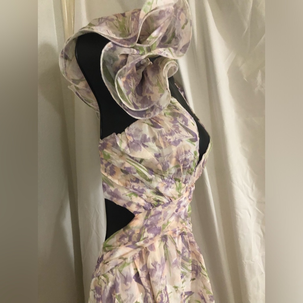 Ethereal ruffled shoulder sweetheart neckline cutout
layered maxi dress size XS - Picture 8 of 16